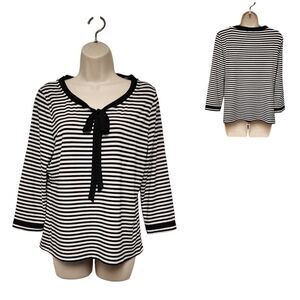 Talbots Womens Top Black White Stripe Knit 3/4 Sleeve Blouse Size PL